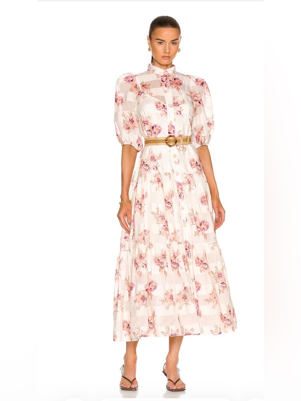 Zimmermann Rosa Striped Midi Dress Floral Midi Dress Pink & Cream